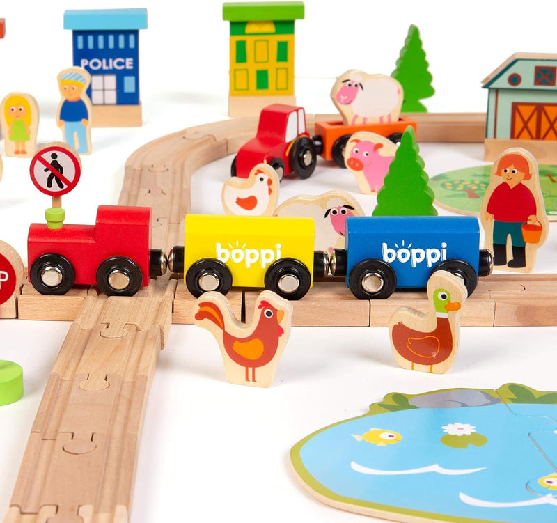 Boppi Large Wooden Toy Train Set - 150 Pieces