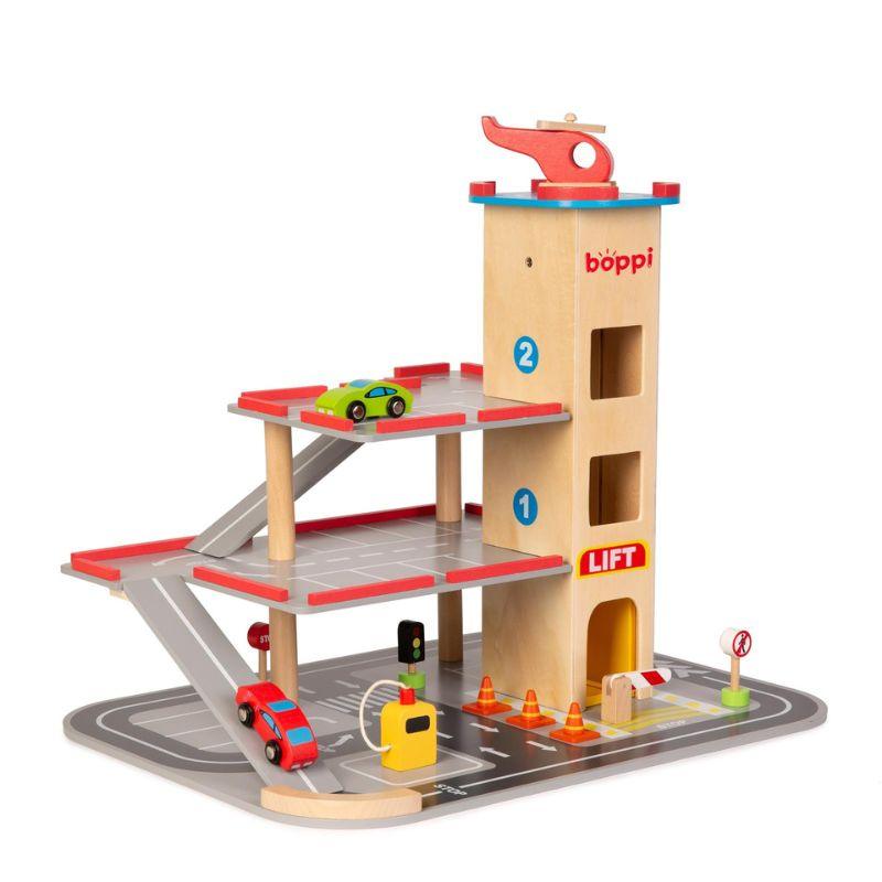 Boppi Wooden Toy Parking Garage Carpark with Helipad ScandiBugs